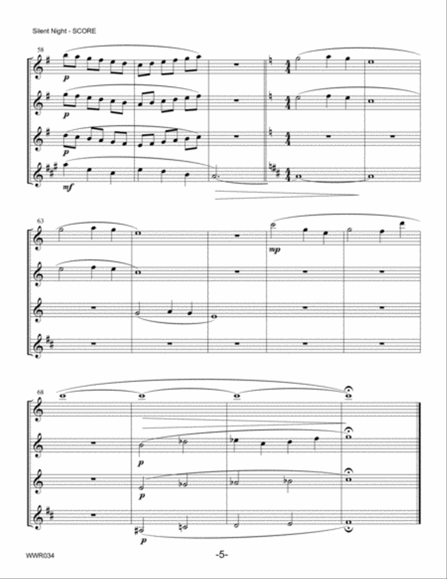SILENT NIGHT - unaccompanied WOODWIND QUARTET (2 Flutes, Oboe & Clarinet) Woodwind Quartet scores gallery preview page 5