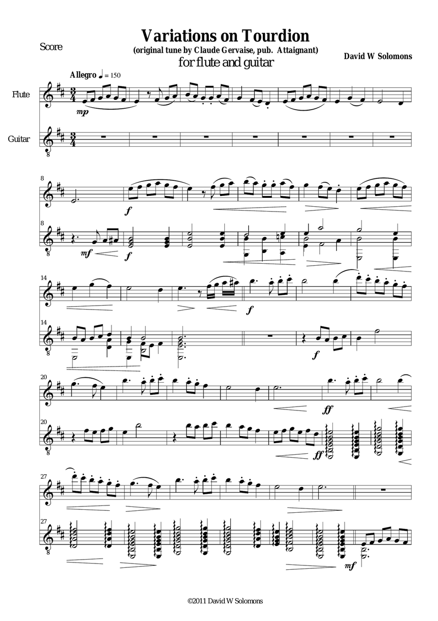 Variations on Tourdion (Quand je bois du vin clairet) for flute and guitar Flute scores gallery preview page 1