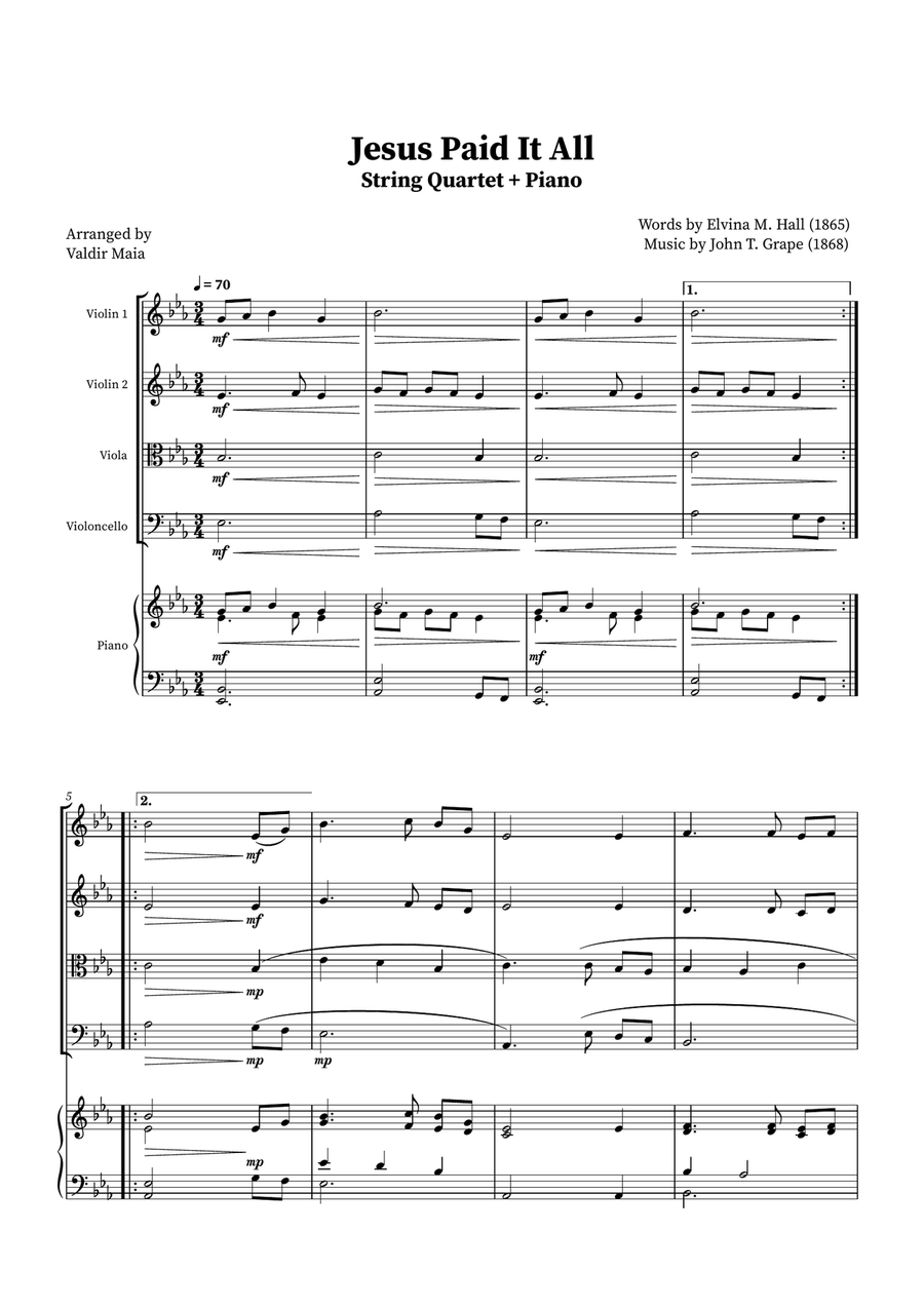 Jesus Paid It All - String Quartet and Piano String Quintet scores gallery preview page 1