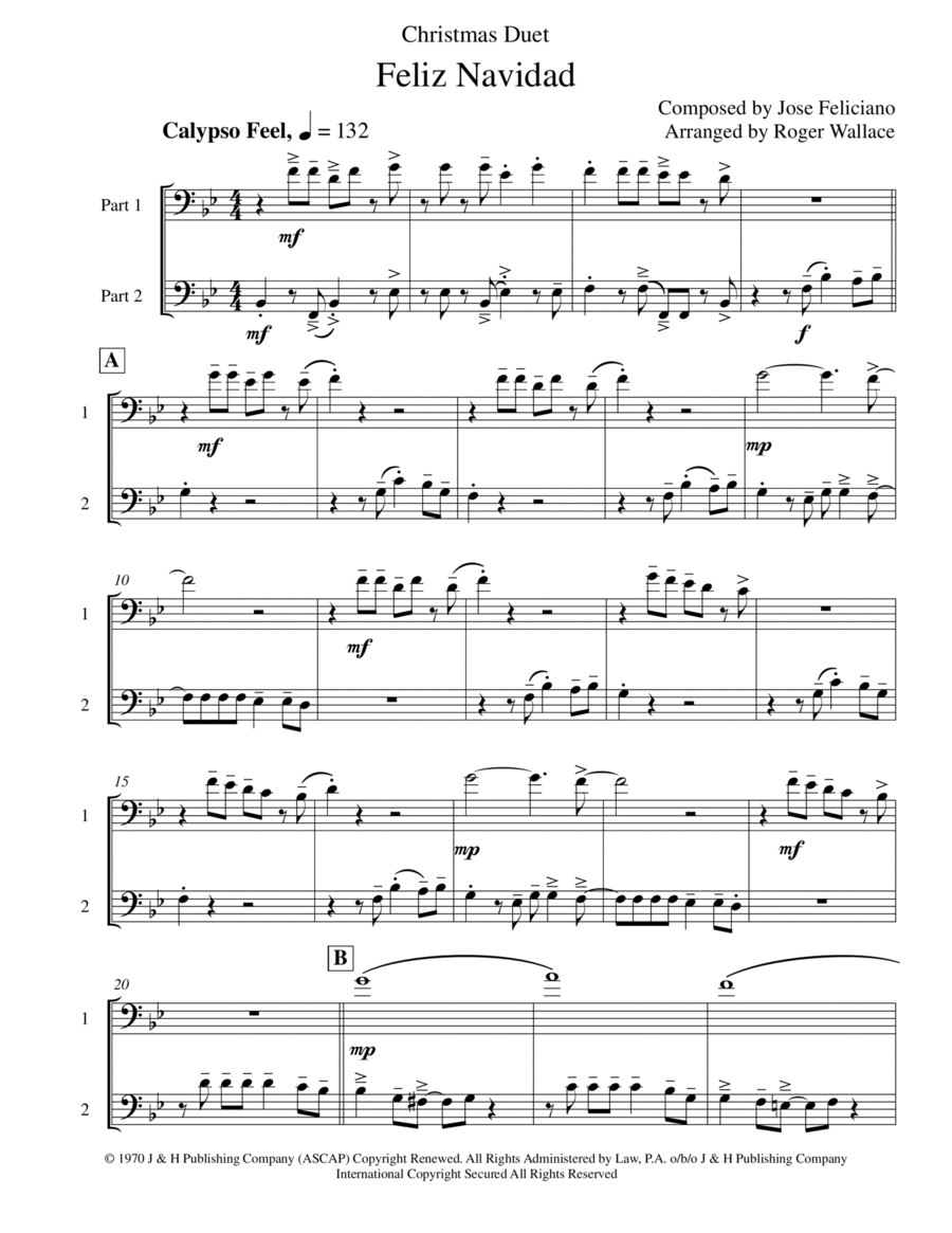 Feliz Navidad Trombone Duet scores gallery preview page 1