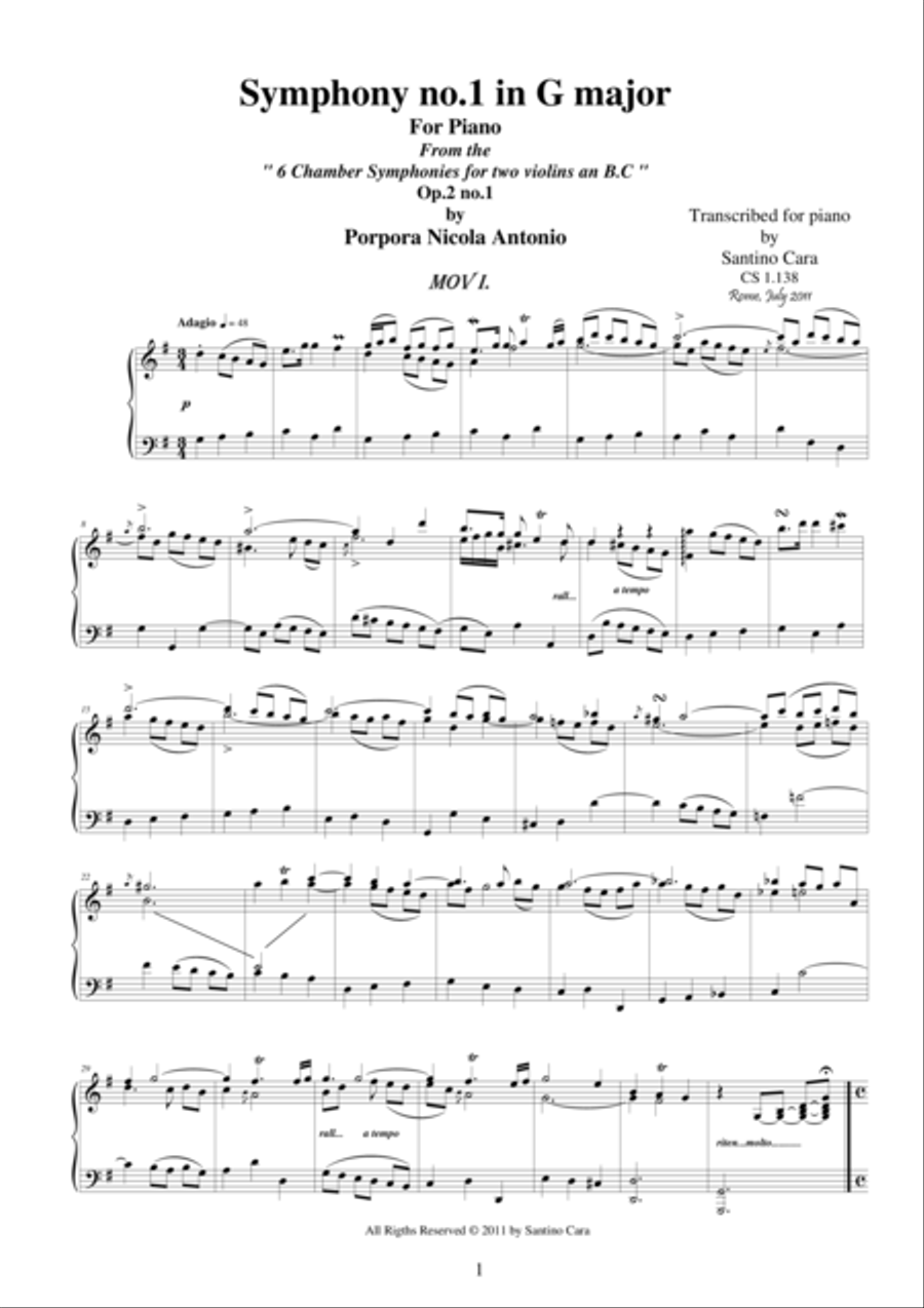 Porpora NA - Simphony no1 in G - Complete Piano version Piano Solo scores gallery preview page 1
