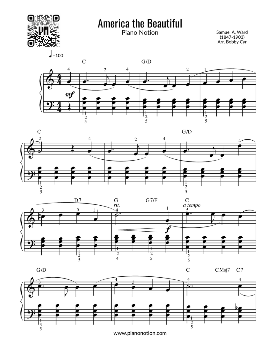 America the Beautiful (Piano Solo) Easy Piano scores gallery preview page 1