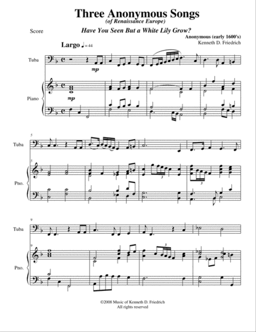 Three Anonymous Songs (of Renaissance Europe) Piano scores gallery preview page 1