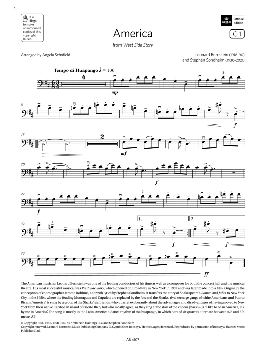 America (Grade 4, C1, from the ABRSM Cello Syllabus from 2024) Cello Solo scores gallery preview page 1