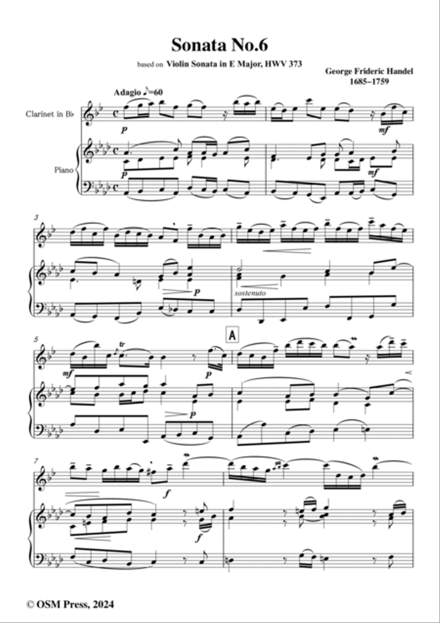 Handel-Sonata No.6,for Clarinet and Piano B-Flat Clarinet scores gallery preview page 2