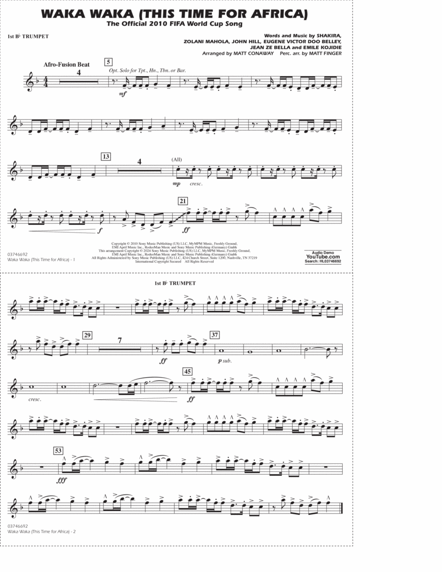 Waka Waka (This Time For Africa) (arr. Matt Conaway) - 1st Bb Trumpet Marching Band scores gallery preview page 1