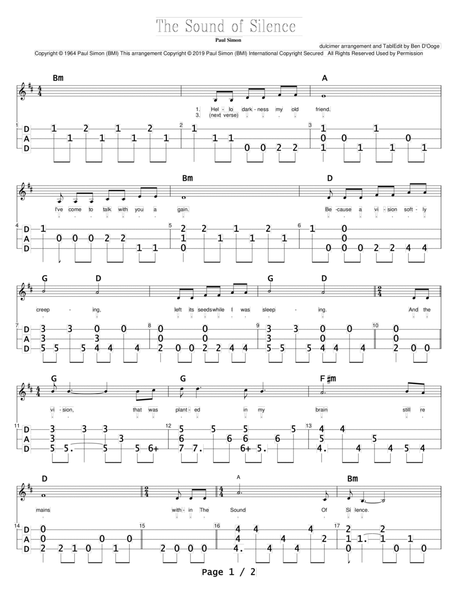 The Sound Of Silence Dulcimer scores gallery preview page 1