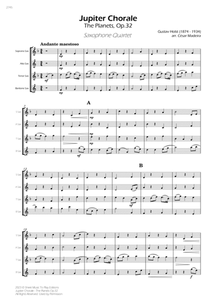 Jupiter Chorale from The Planets - Sax Quartet (Full Score and Parts) image number null