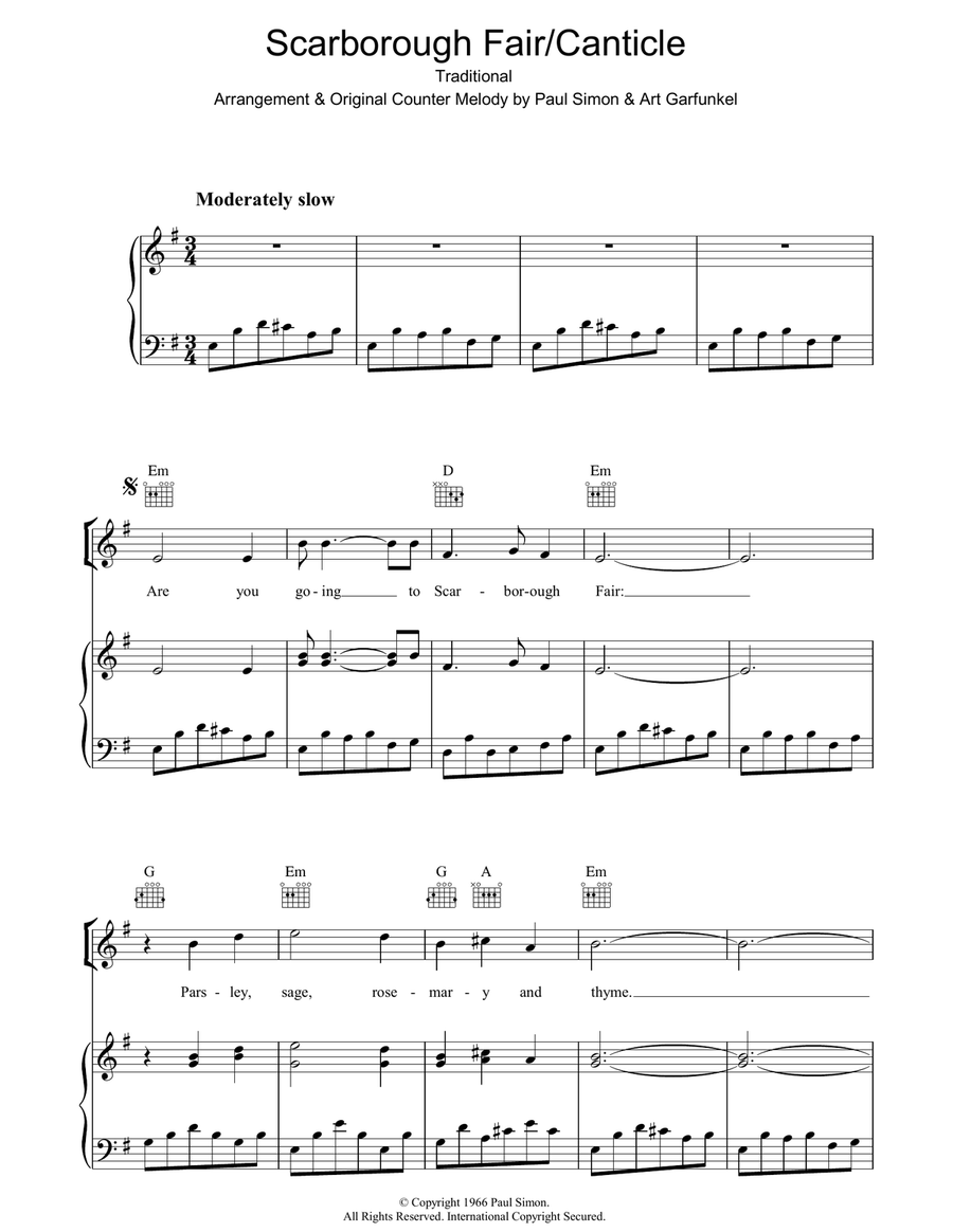 Scarborough Fair/Canticle Piano, Vocal, Guitar scores gallery preview page 1
