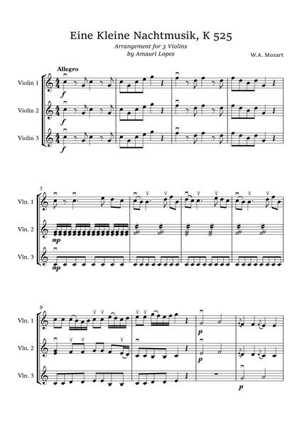 Eine Kleine Nachtmusik K. 525 - for 3 violins - 1st mov. - Allegro image number null