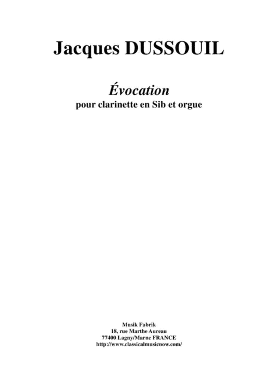 Jacques Dussouil: Évocation for Bb clarinet and organ Woodwind Duet scores gallery preview page 1