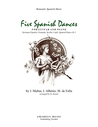 Book cover for 5 Spanish Dances arranged for classical guitar and piano