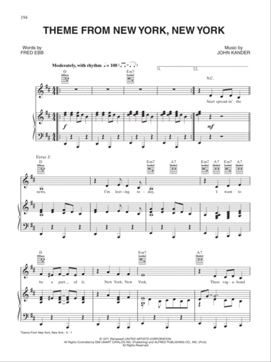 Theme from New York, New York Piano, Vocal, Guitar scores gallery preview page 1