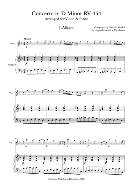 Concerto in D Minor RV 454 arranged for Violin and Piano image number null