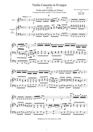 Book cover for Vivaldi - Violin Concerto in D major RV 231 for Violin and Cembalo (or Piano)