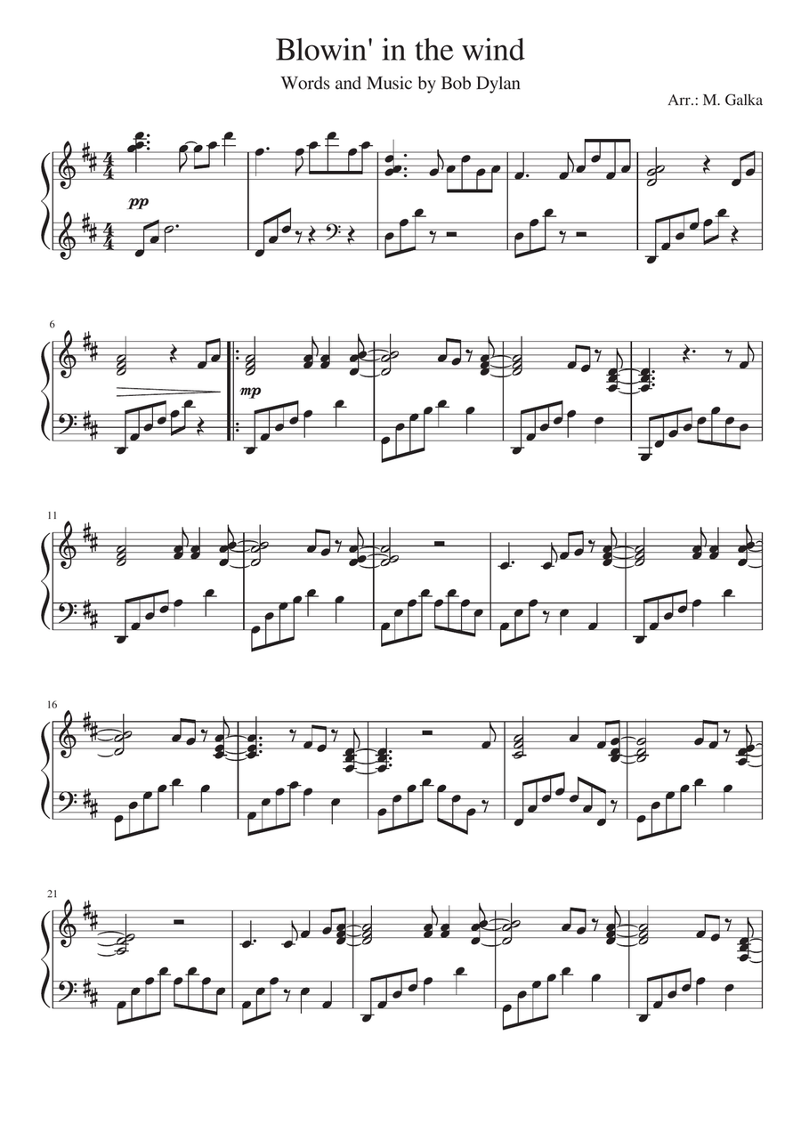 Blowin' In The Wind Piano Solo scores gallery preview page 1