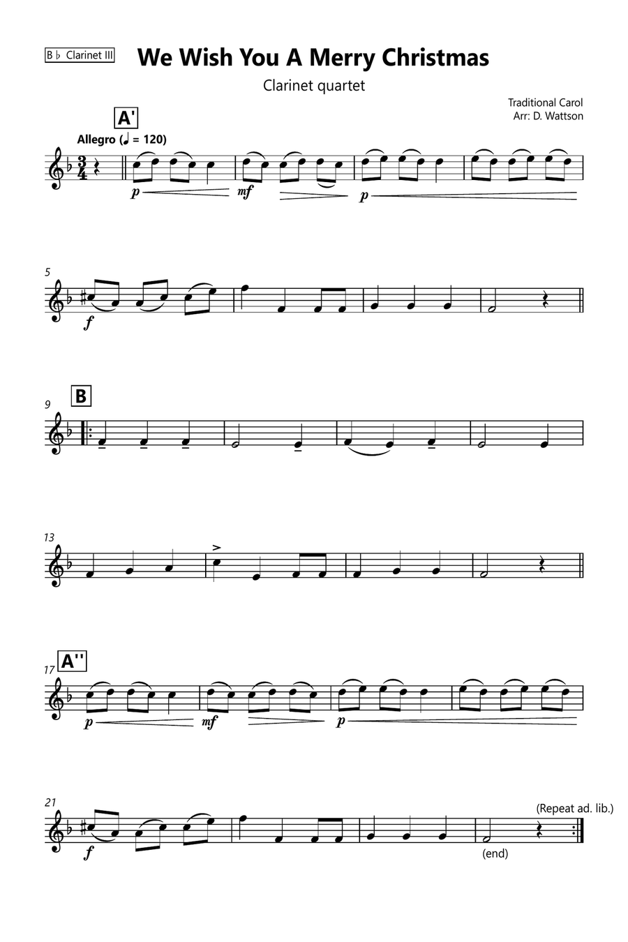 We Wish You A Merry Christmas Clarinet Quartet scores gallery preview page 6