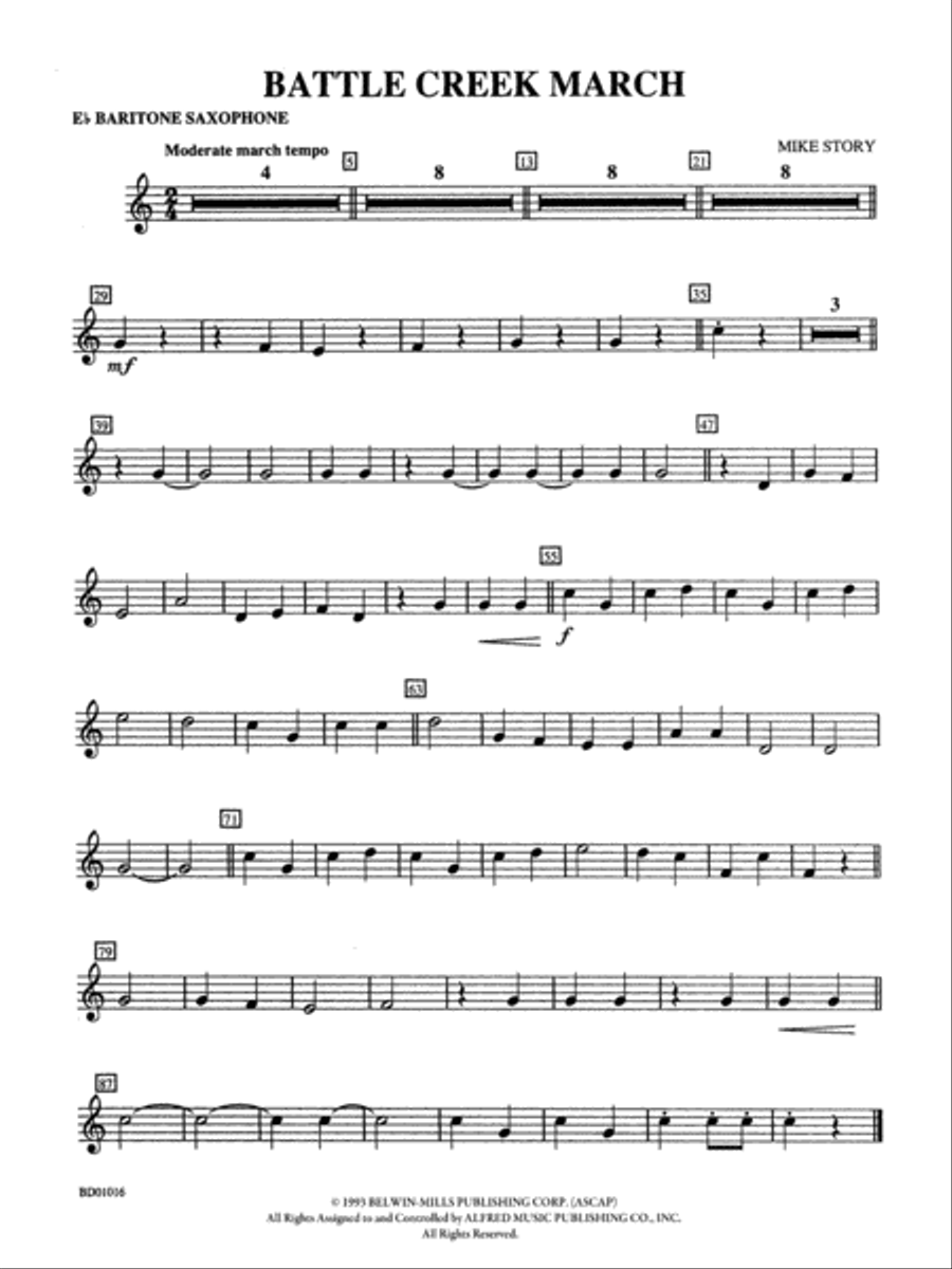 Battle Creek March: E-flat Baritone Saxophone Concert Band scores gallery preview page 1