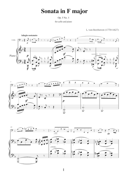 Sonata in F major Op.5 No.1 by Ludwig van Beethoven for cello and piano