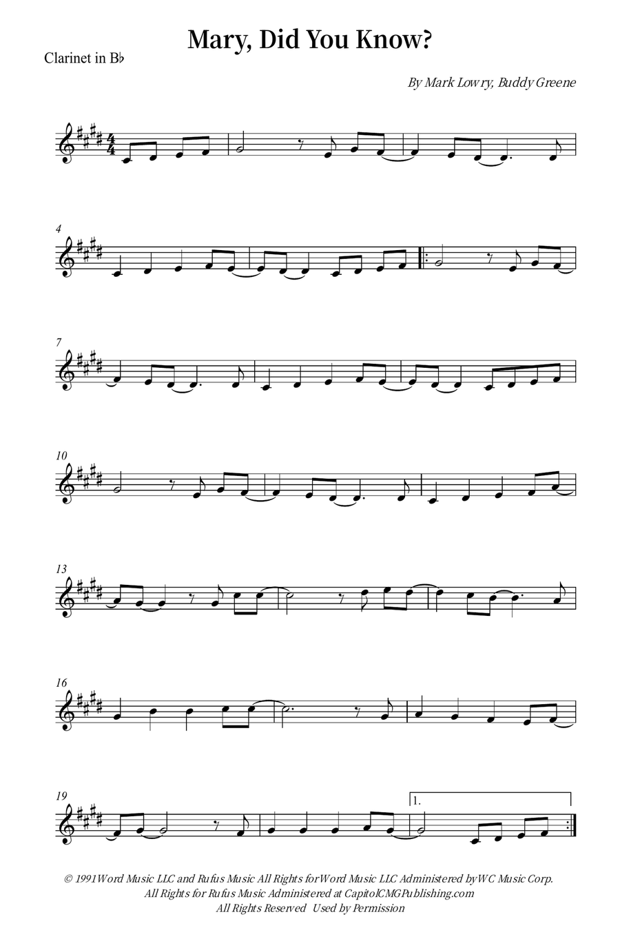 Mary, Did You Know? B-Flat Clarinet scores gallery preview page 1