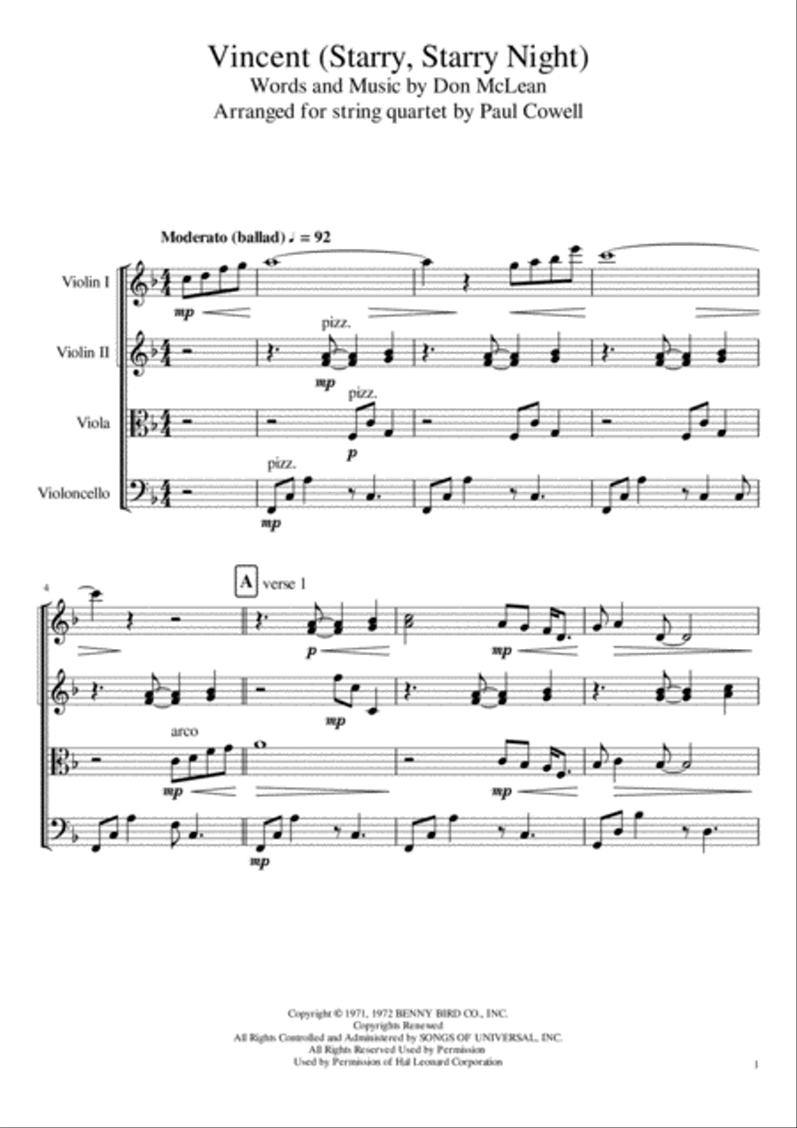 Vincent (Starry Starry Night) String Quartet scores gallery preview page 3