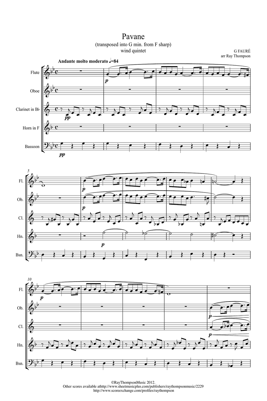 Fauré: Pavane Op.50 (transposed into G minor) - wind quintet Woodwind Quintet scores gallery preview page 1