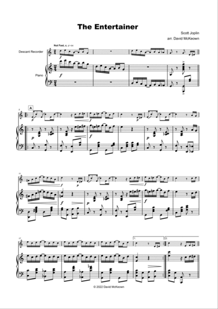 The Entertainer, by Scott Joplin, for Descant Recorder and Piano Soprano Recorder scores gallery preview page 2