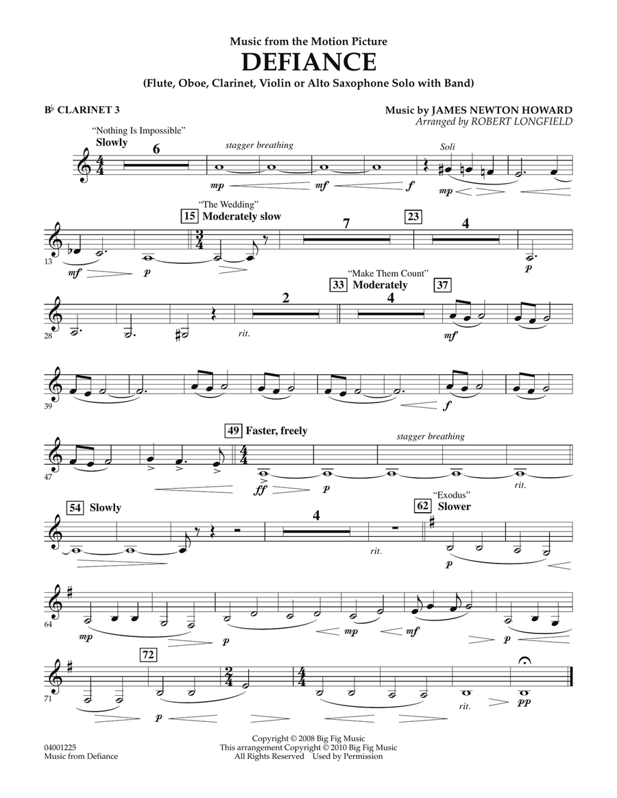 Music from Defiance - Bb Clarinet 3 Concert Band scores gallery preview page 1