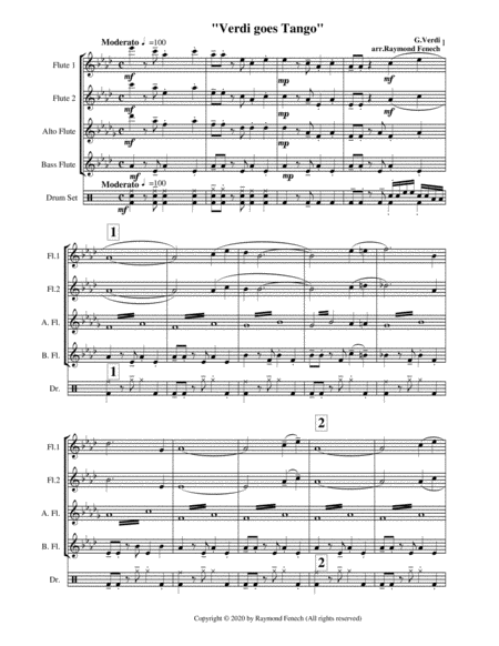 Verdi Goes Tango - G.Verdi - 2 Flutes, Alto Flute, Bass Flute and Drum Set image number null