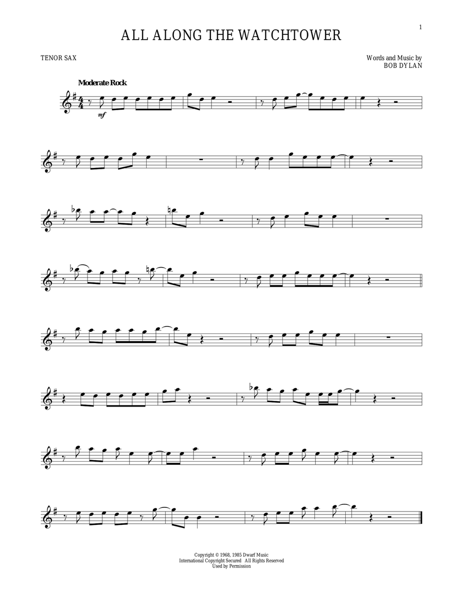All Along The Watchtower All Along The Watchtower Tenor Saxophone scores gallery preview page 1