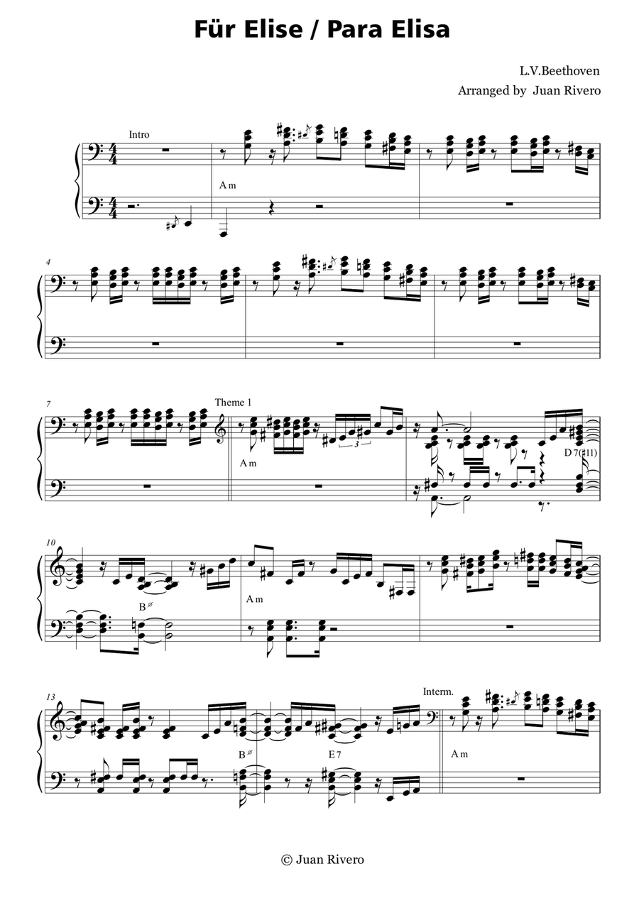 L. V. Beethoven - Für Elise / Para Elisa - Jazz piano version - Advanced Intermediate. Piano Solo scores gallery preview page 1