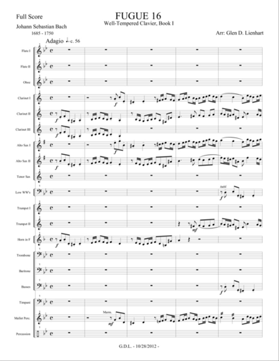 Fugue no. 16, Well-Tempered Clavier Concert Band scores gallery preview page 1