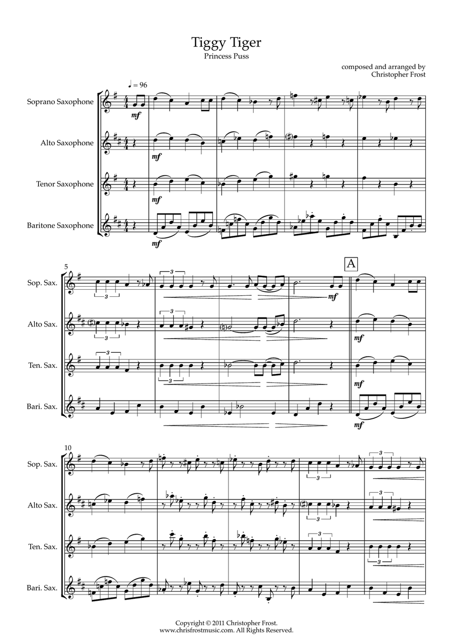 Tiggy Tiger - Princess Puss from The Cat Suite (saxophone quartet - SATB) Saxophone Quartet scores gallery preview page 1