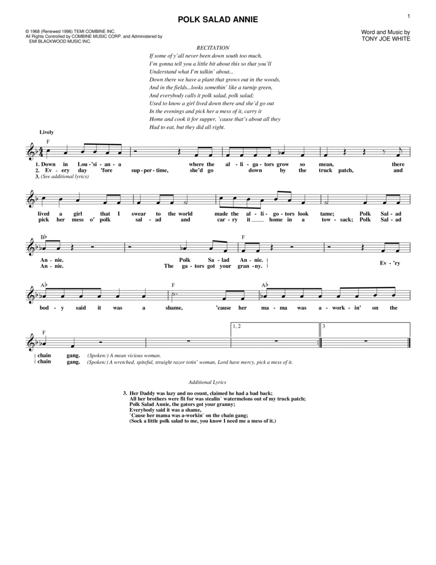 Polk Salad Annie Polk Salad Annie Piano scores gallery preview page 1