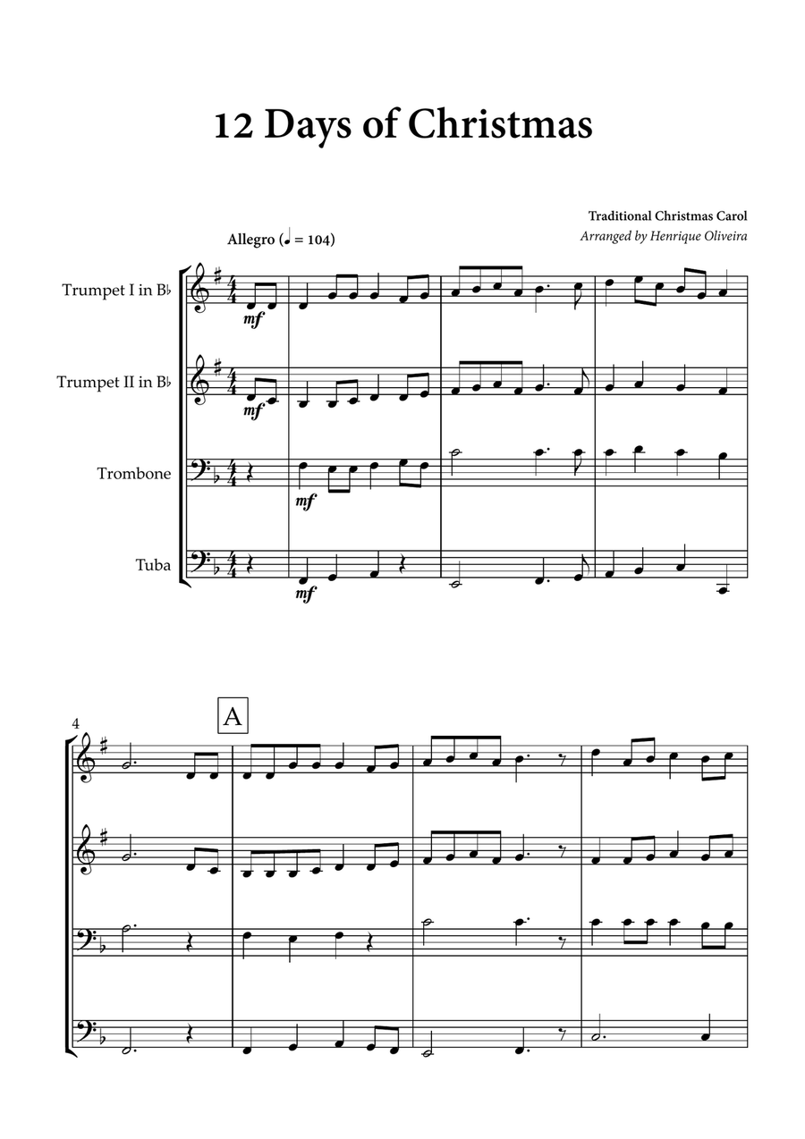 12 days of Christmas (Brass Quartet) - Christmas Carol Brass Quartet scores gallery preview page 1