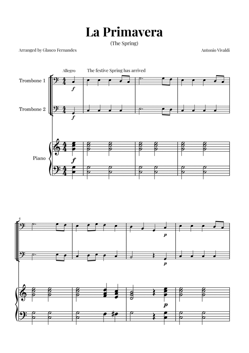 La Primavera (The Spring) by Vivaldi - Trombone Duet and Piano image number null