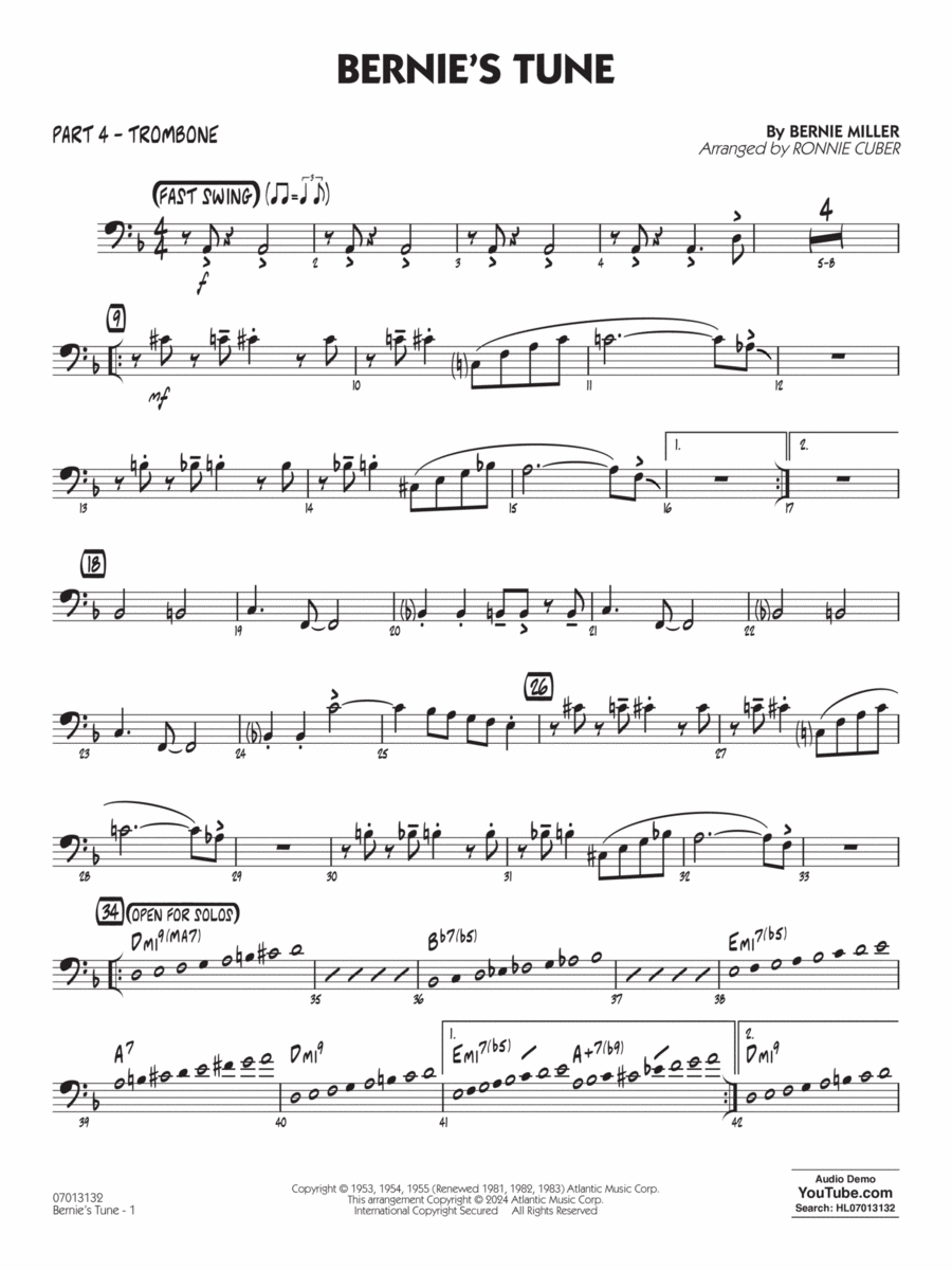 Bernie's Tune (arr. Ronnie Cuber) - Part 4 - Trombone Jazz Ensemble scores gallery preview page 1