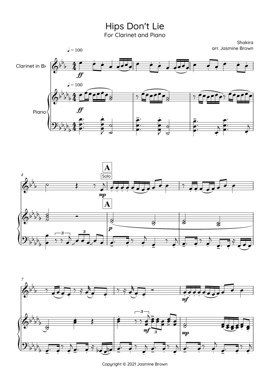 Hips Don't Lie Clarinet Solo scores gallery preview page 1
