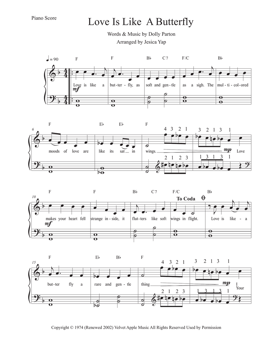 Love Is Like A Butterfly Easy Piano scores gallery preview page 1