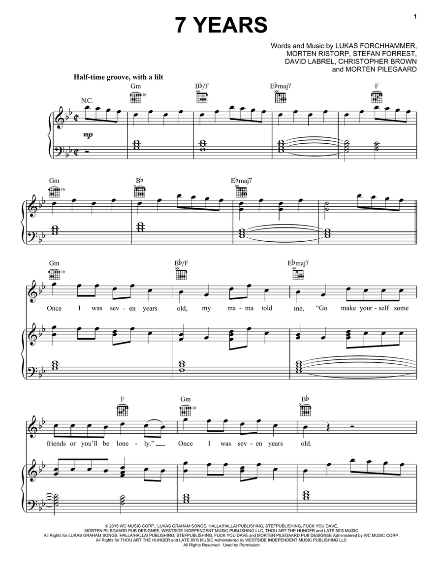 7 Years Piano, Vocal, Guitar scores gallery preview page 1
