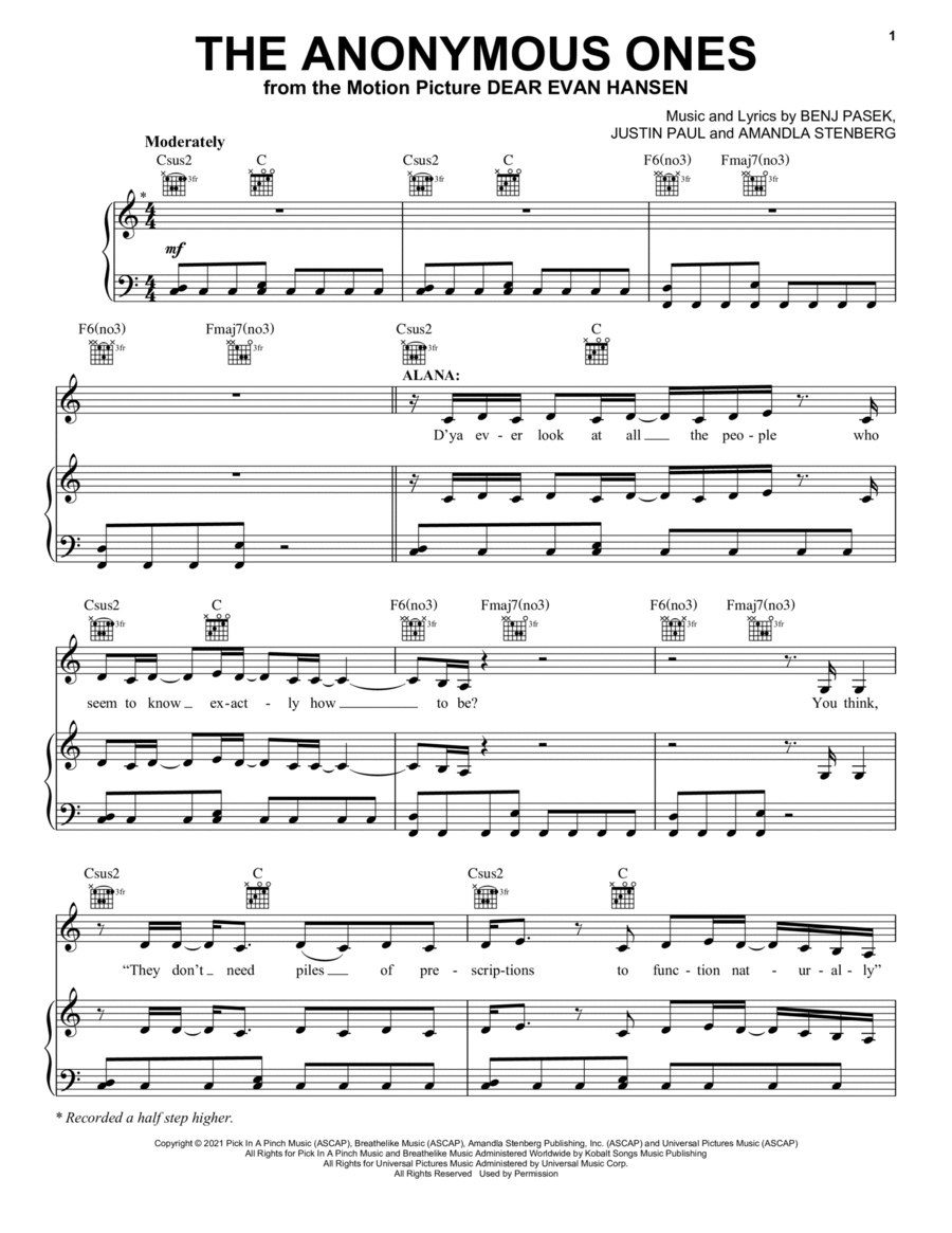 The Anonymous Ones (from Dear Evan Hansen) Piano, Vocal, Guitar scores gallery preview page 1