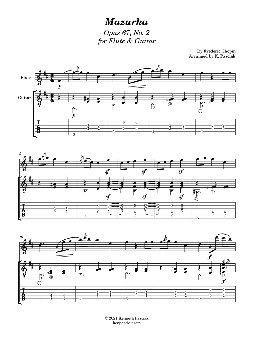 Mazurka Opus 67 No. 2 (for Flute or Violin and Guitar) Flute scores gallery preview page 3