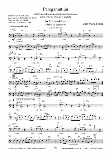 Paregamutiun [cello solo] (suite of 4 pieces)