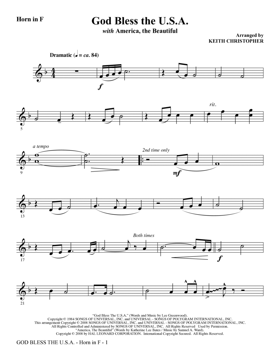 God Bless The U.S.A (with America, The Beautiful) - F Horn Choir scores gallery preview page 1