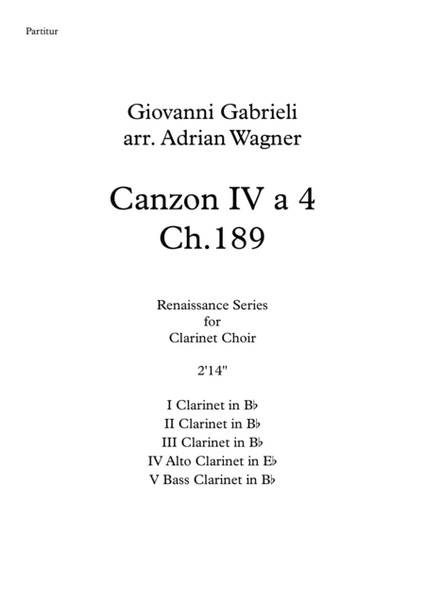 Canzon IV a 4 Ch.189 (Giovanni Gabrieli) Clarinet Choir arr. Adrian Wagner image number null