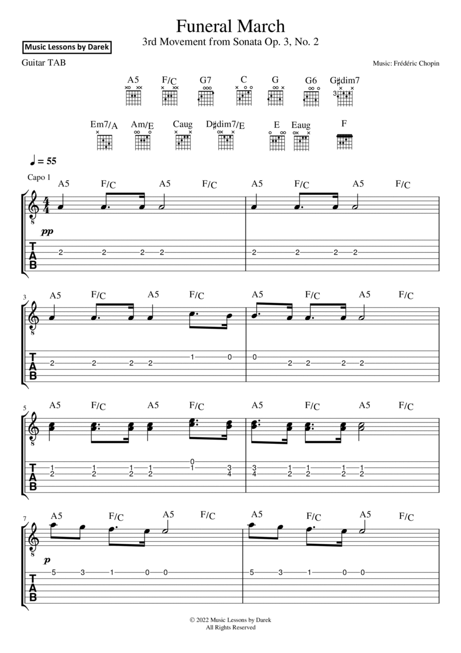 Funeral March (GUITAR TAB) 3rd Movement from Sonata Op. 3, No. 2 [Frédéric Chopin] Acoustic Guitar scores gallery preview page 1