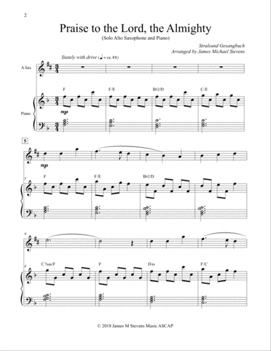 Praise to the Lord, the Almighty - Alto Saxophone & Piano Alto Saxophone scores gallery preview page 2