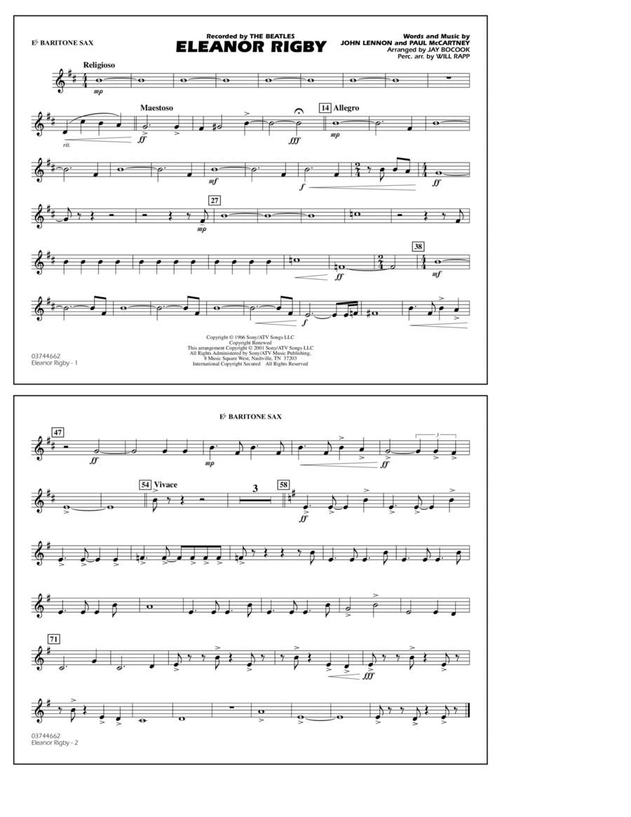 Eleanor Rigby (arr. Jay Bocook) - Eb Baritone Sax Marching Band scores gallery preview page 1