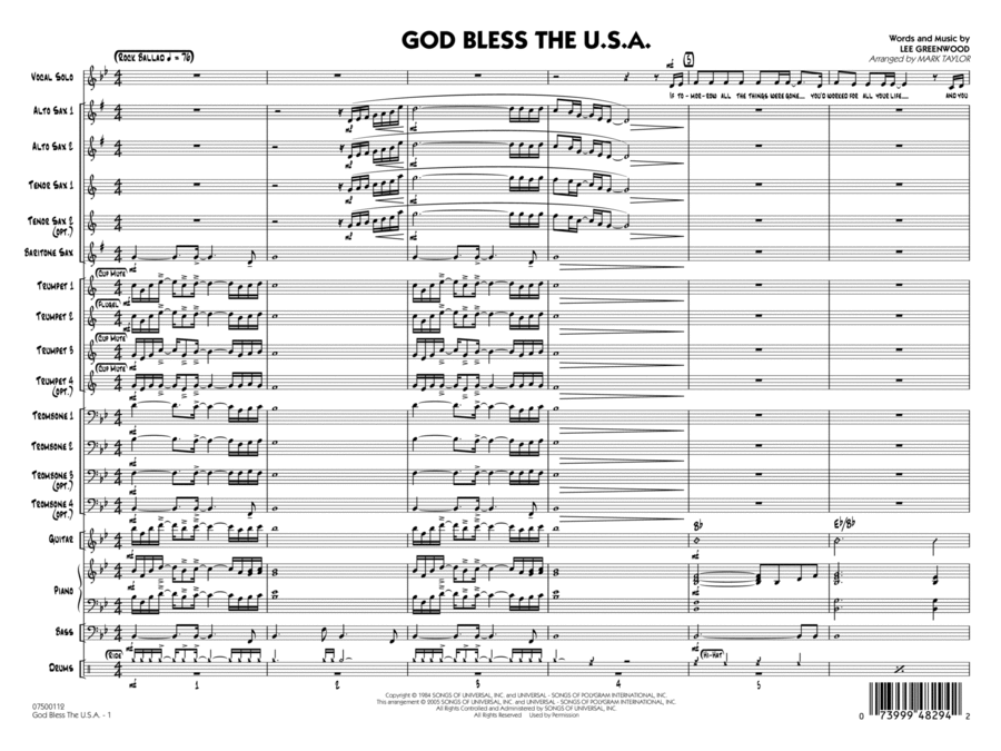 God Bless the U.S.A. (arr. Mark Taylor) - Conductor Score (Full Score) Jazz Ensemble scores gallery preview page 1