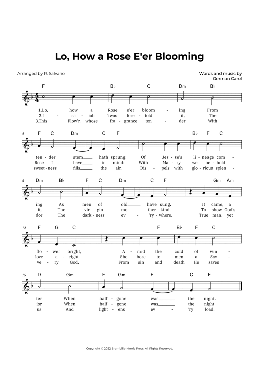 Lo, How a Rose E'er Blooming (Key of F Major) Easy Piano scores gallery preview page 1
